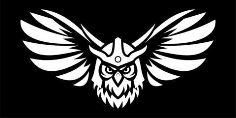 Obraz premium A bold black and white owl with spread wings and a warrior helmet, representing power and dominance.