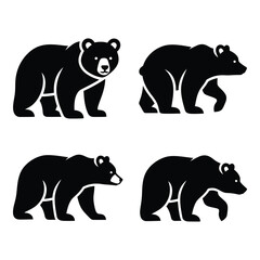 Four stylized silhouette black bears in walking poses collection representing wildlife and nature themes for graphics silhouette