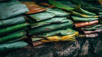 Close-up of fresh banana leaves neatly stacked for use in traditional Indian meal plating and festive serving