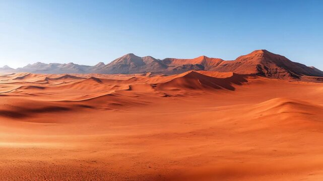 Vast Desert Landscape with Rolling Sand Dunes and Mountain Horizons
