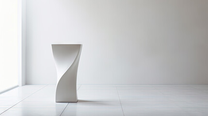 Modern minimalist white pedestal with abstract sculptural design standing in empty bright room with clean walls and natural light