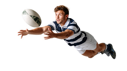 Rugby Player's Aerial Catch: A dynamic athlete in action, soaring through the air to catch the rugby ball with focused intensity, showcasing athleticism and determination.