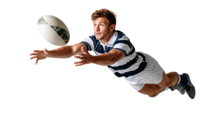 Rugby Player's Aerial Catch: A dynamic athlete in action, soaring through the air to catch the rugby ball with focused intensity, showcasing athleticism and determination.
