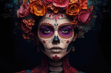 Woman with sugar skull makeup adorned with colorful flowers for Dia de los Muertos celebration featuring intricate designs on face and vibrant floral headdress with dark background.