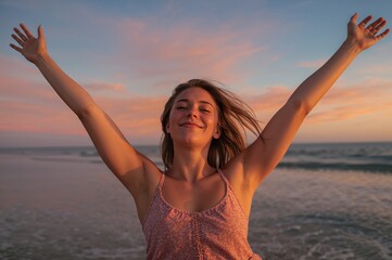 Young woman with arms raised enjoying the beach at sunset, smiling and breathing in fresh air, with soft waves in the background and colorful sky.
