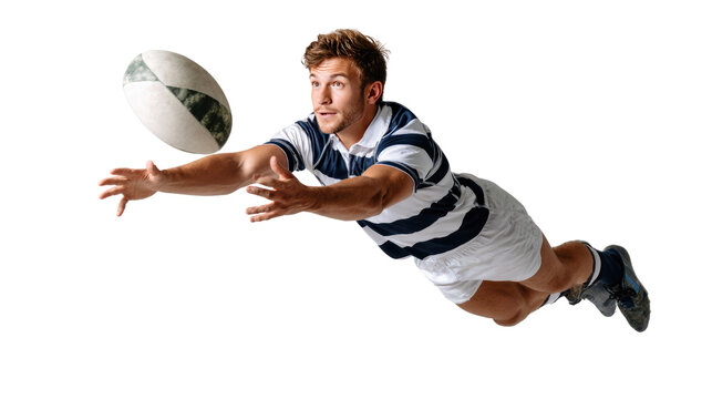 Rugby Player's Aerial Catch: A dynamic athlete in action, soaring through the air to catch the rugby ball with focused intensity, showcasing athleticism and determination. - Powered by Adobe