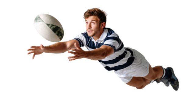 Rugby Player's Aerial Catch: A dynamic athlete in action, soaring through the air to catch the rugby ball with focused intensity, showcasing athleticism and determination. - Powered by Adobe