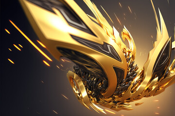Abstract 3D explosion with golden shards and glowing dynamic particles