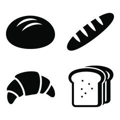 Crispy croissant french baguette round loaf sliced bread bakery food icons simple graphic collection for commercial use silhouette