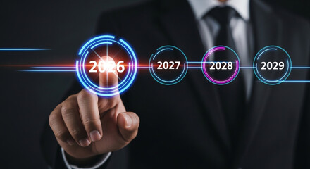 Executive selects glowing “2026” from timeline—followed by 2027, 2028, 2029—highlighting strategic foresight and digital evolution.