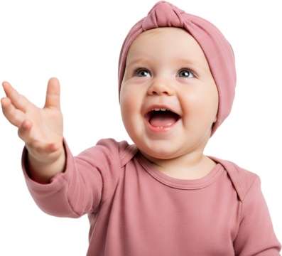 Adorable baby girl with a pink turban and romper smiling brightly reaching out with her hand Happy Joyful Child Infant Cute Sweet Young Childhood Innocence