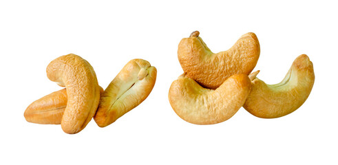 A set of six roasted or baked cashew nuts in two heaps isolated with clipping path in png file format