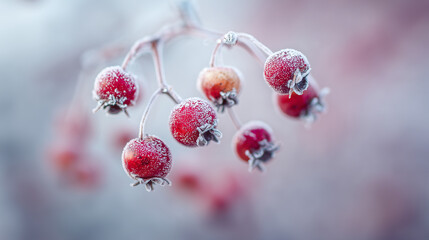 Close-up of red berries covered with frost on delicate branch in soft winter light, representing cold season, nature beauty, and frozen stillness in atmospheric macro photography