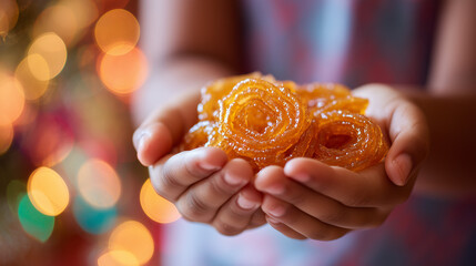 Child holding fresh jalebis in both hands.