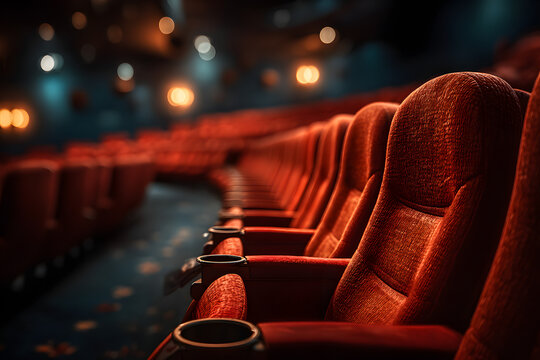 Vacant red chairs in a cinema hall for television streaming and film production branding