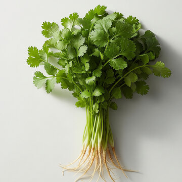 Bunch of fresh coriander (cilantro) with roots, isolated on a white background.