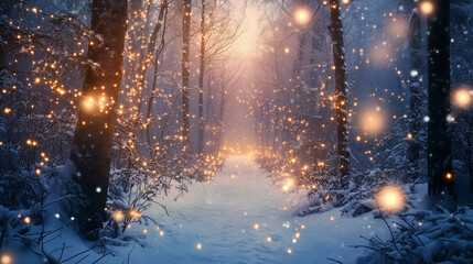 Magical snowy forest path glowing with warm fairy lights at sunset, captured in atmospheric winter landscape photograph representing holiday spirit, wonder, and peaceful seasonal beauty