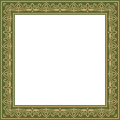 Vector square gold with green ancient Russian ornament. Slavic rectangle, border, frame. Painting of the royal chambers.