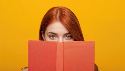 Close up portrait of young European woman with red hair concealing her face behind a pink book against a bright yellow background expressing mystery and intrigue.
