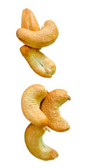A set of six roasted or baked cashew nuts in two heaps isolated with clipping path in png file format