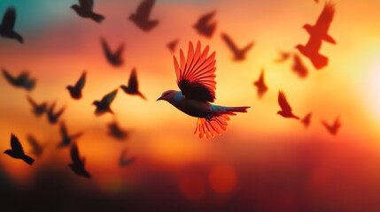 Fototapeta premium Flocking birds soaring at sunset nature scene aerial view vibrant sky serene environment for wildlife enthusiasts