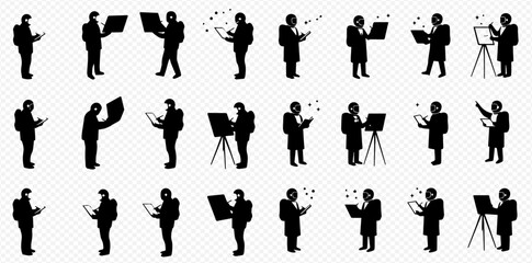 Silhouettes of a person engaged in various activities like using a laptop, tablet, reading, painting, and photography.