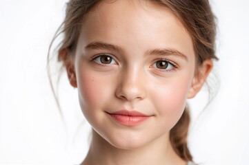 Close-up portrait of young girl with natural makeup and loose hair smiling against plain background highlighting her facial features and youthful innocence.