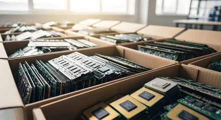 Industrial view of computer components with microprocessors and circuit boards in cardboard boxes for electronics manufacturing and technology recycling
