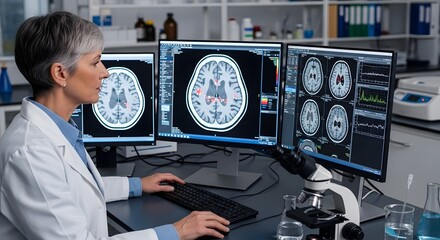Medical professional analyzing brain scans for neurological research in a modern laboratory environment