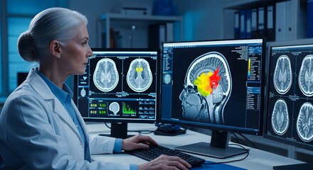 Doctor analyzing brain scans in medical laboratory for neurological diagnosis and research
