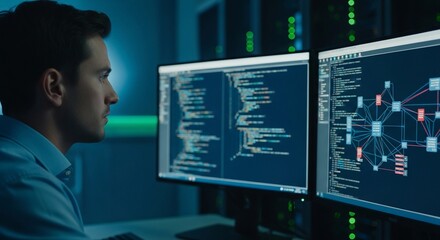 Skilled programmer analyzing complex code and network diagrams on multiple monitors in a modern data center environment late at night