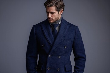 Obraz premium Male model in luxurious deep blue wool double-breasted suit jacket with stylish shirt and tie, isolated on neutral background, showcasing classic fashion elegance and business attire.