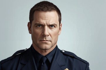 Obraz premium Closeup portrait of a serious male security guard in a dark uniform against a light background displaying a focused expression and professional demeanor