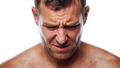 Obraz premium Man with facial expression of discomfort showing signs of excessive sweating and body odor against a plain white background emphasizing his distressed state