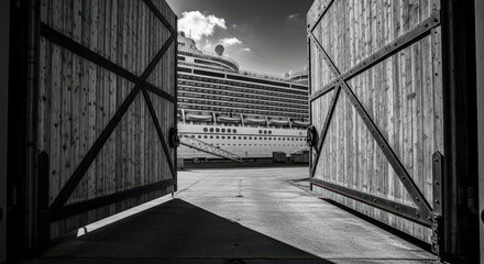 Cruise ship pier view through open wooden doors black and white photograph
