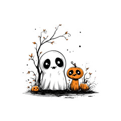 Spooky Ghost and Pumpkin Duo in Ink Style
