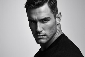 Fototapeta premium Black and white portrait of a serious man in a photo studio with a white background highlighting strong features and expressions, high quality image focusing on masculinity and depth