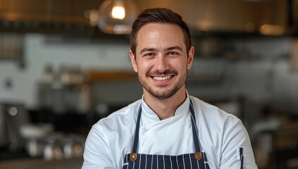 Portrait of a smiling male chef in a modern kitchen wearing a white coat and striped apron showcasing confidence and professionalism in the culinary arts.