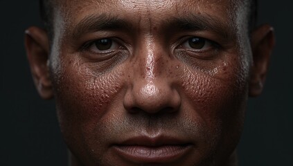 Obraz premium Close-up portrait of a man displaying prominent pores and textured skin with detailed facial features and neutral expression against dark background.