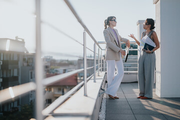 Women engaged in a business discussion, standing on a rooftop under soft sunlight. Their professional conversation showcases collaboration and strategic planning in an inspiring urban environment.
