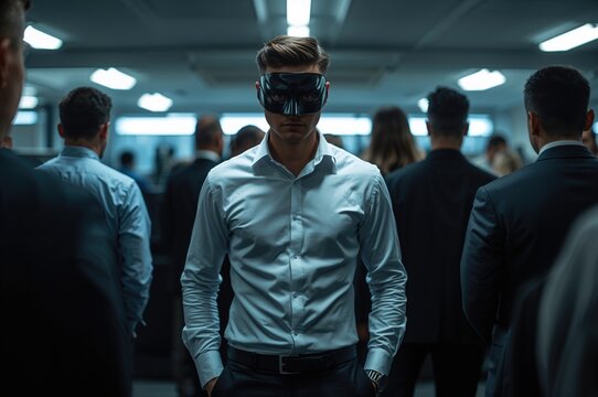 Masked young male employee standing in a modern office environment surrounded by other professionals wearing formal attire, creating a sense of anonymity and intrigue.