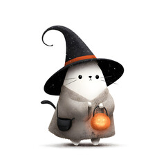 Adorable Witch Cat Holding Halloween Pumpkin Lantern