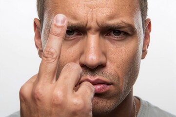 Obraz premium Man making middle finger gesture with serious expression against plain background reflecting defiance and attitude