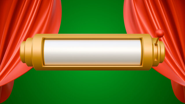Red velvet curtain with slot machine on a green background. Big win and casino concept. Slot casino winning banner template. Blank slot machine or jackpot with red curtain.