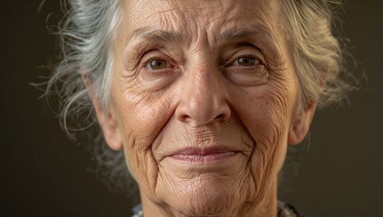 Detailed close-up portrait of elderly woman with visible neck wrinkles and facial lines highlighting signs of aging and skin texture in senior female skin.