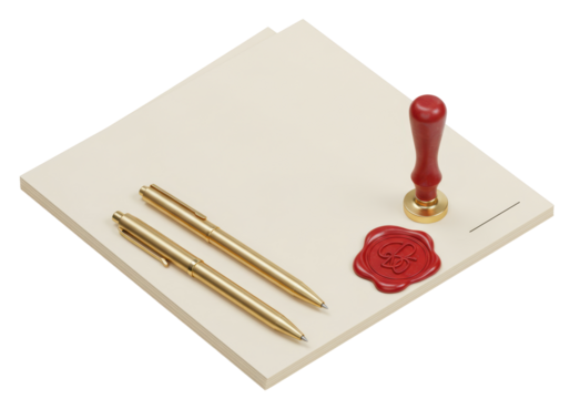 Isolated Signing contract with gold pens and wax seal on document, legal business concept