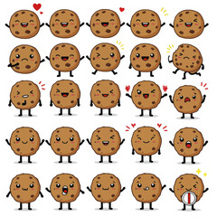 Set of cute kawaii chocolate chip cookie characters with various expressions.