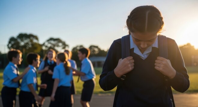 Solitary student in uniform with backpack at sunset: emotional schoolyard moment