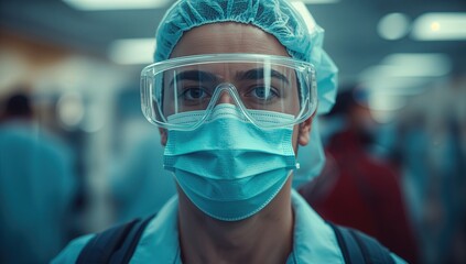 Healthcare professional wearing a blue surgical mask and goggles in a medical facility emphasizing safety protocols during a viral pandemic with a blurred background.
