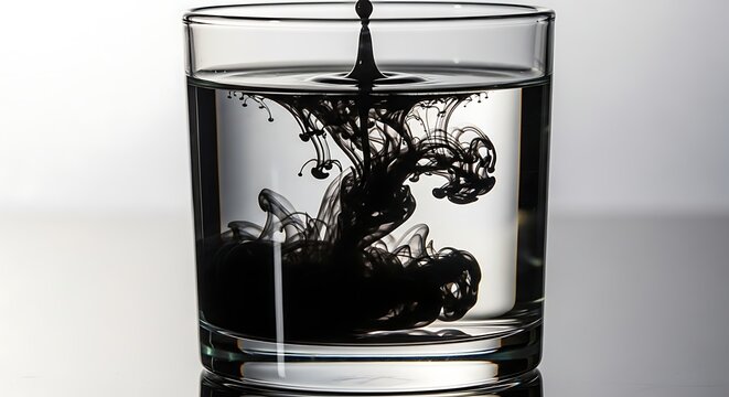A glass of water with a drop of black ink creating abstract patterns and swirling formations inside it